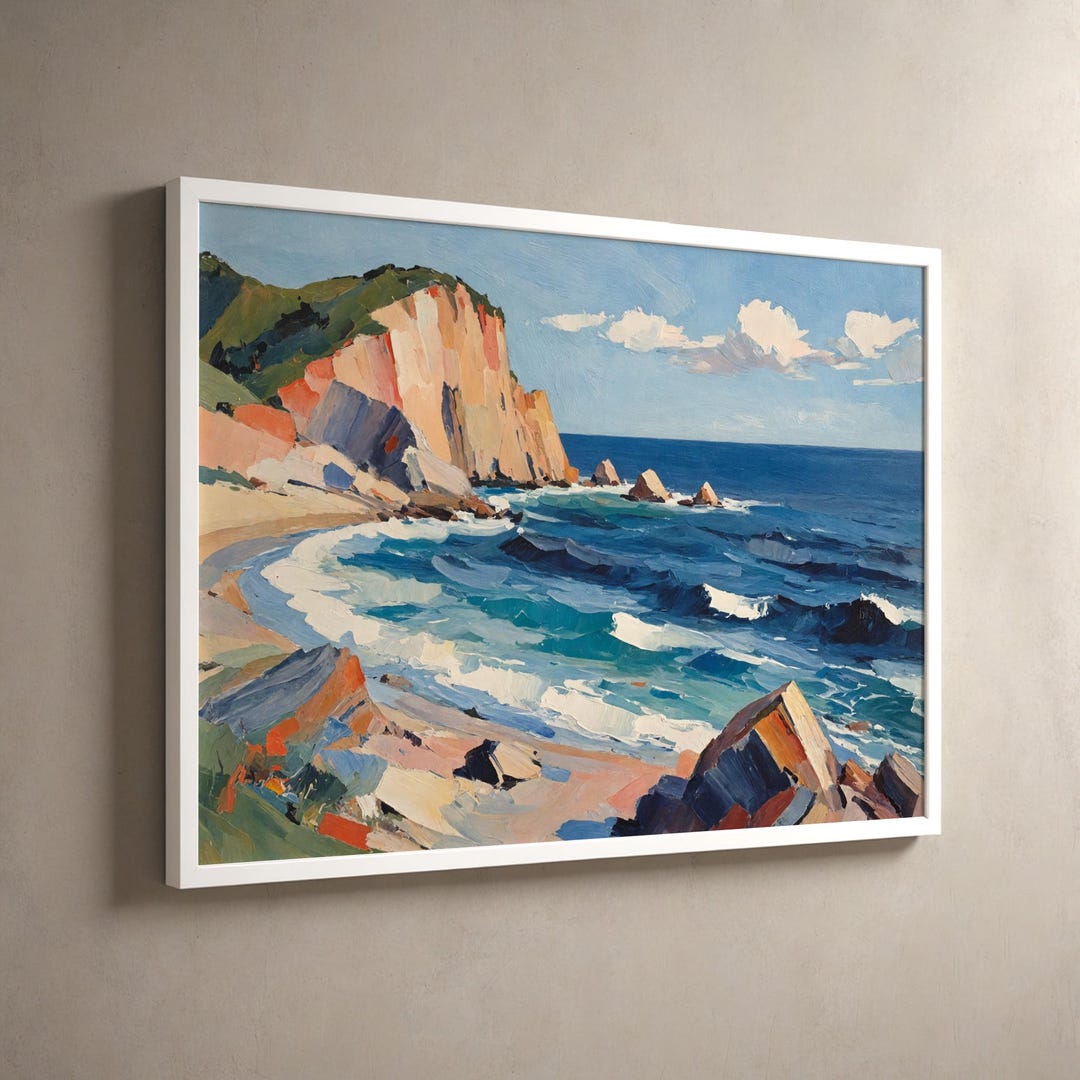 Coastal Cliff Scene Abstract Seaside Landscape Art Ocean Waves Coral ...