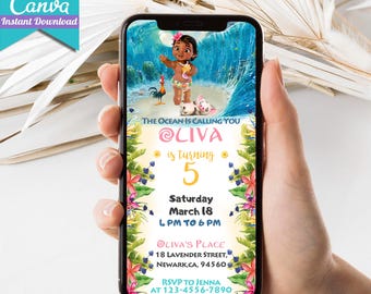 Editable Baby Moana Mobile Birthday Invitation | Printable Baby Moana invite, Evite Kids party Template | Invite in Canva | Instant Download