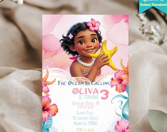 Editable Baby Moana Birthday Invitation | Kids Theme Party Invitation | Digital Hawaiian Moana Birthday Invite | Digital Baby Moana Template