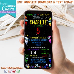 Editable Among us Mobile Birthday Invitation | Evite Kids Birthday Invitation | Amoung us Game invite | Digital Personalized Canva Printable