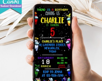 Editable Among us Mobile Birthday Invitation | Evite Kids Birthday Invitation | Amoung us Game invite | Digital Personalized Canva Printable