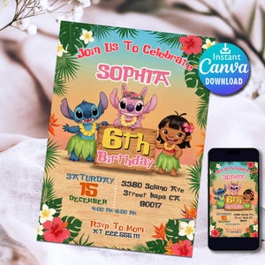 Faire-part modifiable au point, invitation d'anniversaire Lilo et Stitch, modèle de fête imprimable au point, toile personnalisée Stitch Girl édition téléchargement immédiat