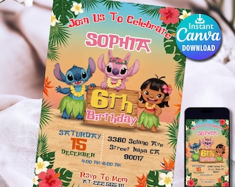 Editable Stitch Invitation, Lilo And Stitch Birthday Invite, Printable Stitch Party Template, Custom Stitch Girl Canva Edit Instant Download