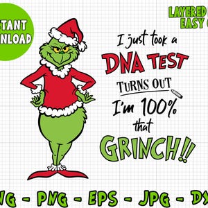 May include: A green Grinch character wearing a red Santa suit and a Santa hat. The text reads "I just took a DNA test, turns out I'm 100% that GRINCH!"
