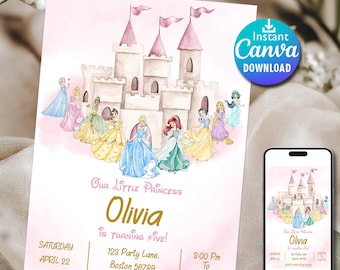 May include: Pink princess-themed birthday party invitation with a watercolor castle and princess illustrations. The invitation includes the text "Our Little Princess Olivia is turning five!" and event details.