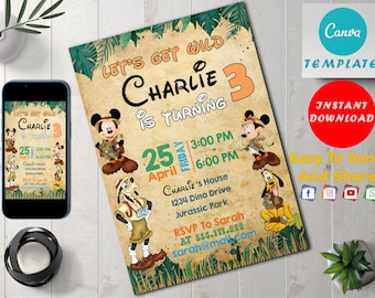 Mickey Safari invitation | Kids Birthday Invitation Template Editable-Printable | Safari Mickey Kids invitation | Invite Instant Download