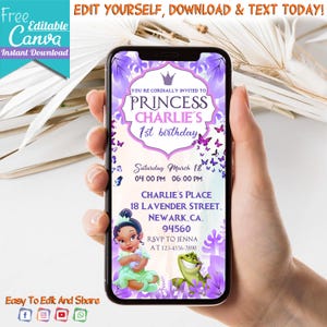 Editable Baby Tiana Birthday Mobile Invitations | Princess Baby Tiana Invite | Printable Baby Tiana Evite, Canva Template | Instant Download
