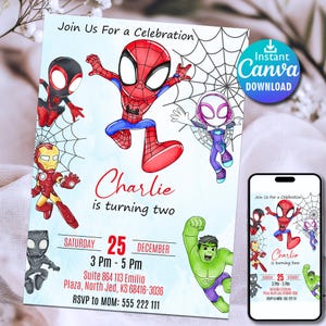 Aquarelle modifiable Spidey et ses incroyables amis fête d'anniversaire | Modèle de super-héros imprimable | Inviter les enfants | Téléchargement instantané