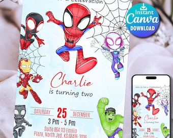 Editable Watercolor Spidey And His Amazing Friends Birthday Party Invitation | Superhero Template Printable | Kids Invite | Instant Download