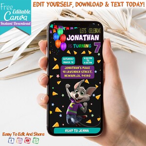 May include: A digital invitation for a birthday party with a cartoon mouse character. The invitation is for Jonathan's 7th birthday party. The party is on Saturday, March 18th from 4:00 PM to 6:00 PM at Jonathan's Place, 18 Lavender Street, Newark, CA, 94560. RSVP to Jenna.