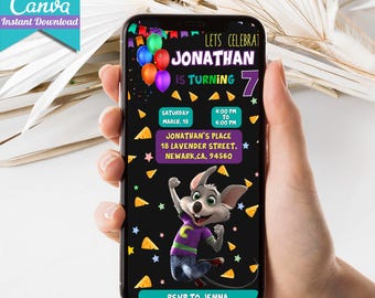 Editable Chuck E Cheese Birthday Mobile Invitation | Printable Chuck E Cheese Party Invite | Chuck Evite | Canva Template | Instant Download