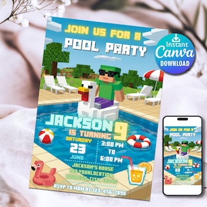 Invito alla festa in piscina di Minecraft modificabile / Invito al compleanno di Minecrafter / Modello per invito al compleanno in piscina di Minecraft / Download digitale