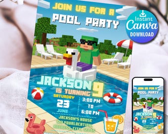Editable Minecraft Pool party invitation | Minecrafter birthday invitation | Minecraft pool birthday invitation template | Digital download