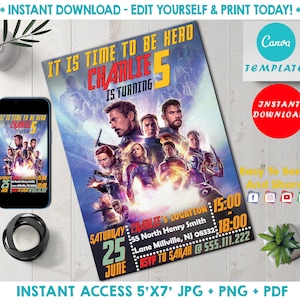 Puede incluir: Una invitación imprimible para una fiesta de cumpleaños de 5 años con una foto de los personajes de los Vengadores de Marvel. La invitación está decorada con un esquema de color rojo, amarillo y azul e incluye el texto "It is time to be hero Charlie 5 is turning".