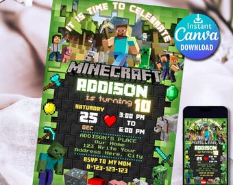 Editable Minecraft Birthday Invitation | Birthday Minecrafter invitation | Minecraft Birthday Invitation | Gaming Party | Editable Canva