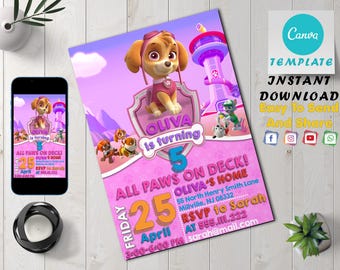 Paw-ty Patrol Invitation | Kids Birthday Invitation Template Editable-Printable, Paw Birthday Invitation Girl | Invite Instant Download