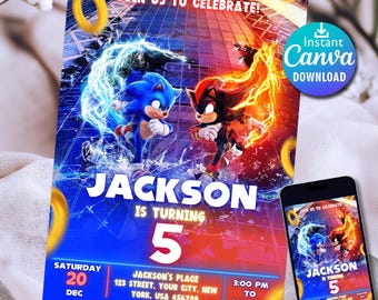 Sonic 3 Editable Birthday Invitation | The Hedgehog Birthday Party invite Template Printable, For Boy and Girl invitation | Instant Download