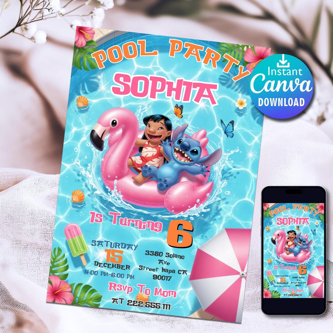 Stitch Pool Set Editable Stitch Party Invitation, Birthday Pool Invite Lilo & Stitch ...