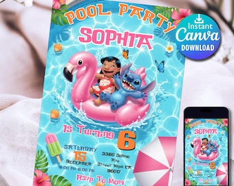 Editable Stitch Party Invitation, Birthday Pool Invite Lilo & Stitch Party Invite Template Printable Pool Birthday, Instant Digital Download