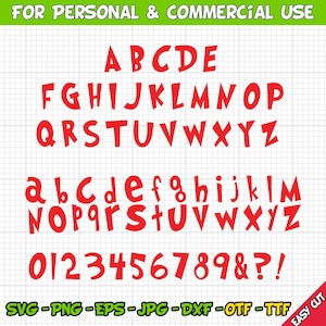 May include: Red uppercase and lowercase letters, numbers, and punctuation marks in a cartoon font style. The letters are outlined in black and have a slightly rounded, irregular shape. The font is suitable for use in crafts, scrapbooking, and digital design projects.