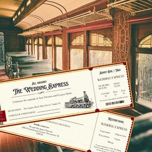 Könnte beinhalten: Zwei Hochzeitskarten im Vintage-Stil mit verzierten Rändern und Text, die eine Dampflokomotive zeigen. Die Karten tragen die Aufschrift "The Wedding Express" und enthalten Details wie Datum, Uhrzeit und Ziel. Der Hintergrund zeigt einen klassischen Zuginnenraum.
