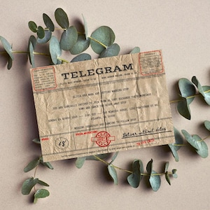 Modelo de convite de casamento editável do Telegram Western Union Modelo de convite de casamento vintage RSVP Tema de viagem vintage do Telegram dos anos 1920