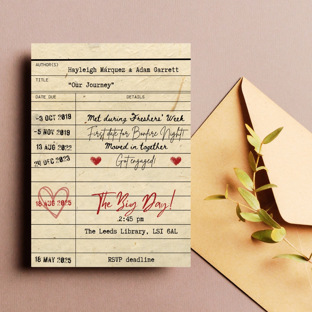 Book Themed Digital Wedding Invitation | Library Card Design (canva ...