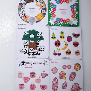 May include: Six square coasters with different designs. One shows cartoon animals in a circle. Another has a border of colourful flowers. A third depicts pandas in a tree. Other coasters display fruit, mugs, and beach-themed items. The text "Each icon=" is visible.