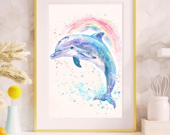 Aquarel dolfijnprint, pastelkleurige kinderkamerdecoratie kust (digitale download)