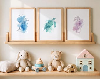 Impressions d'art aquarelle pour chambre d'animaux marins, ensemble sur le thème de l'océan (téléchargement numérique)