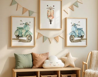 Set di stampe di scooter Vespa — Quadri da parete in stile Boho pastello, stampe retrò di scooter per la cameretta (download digitale)