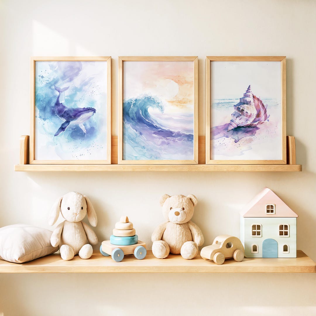 Ocean Nursery Wall Art Set – Watercolor Whale, Wave & Seashell Prints ...