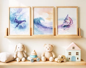 Watercolor Ocean Nursery Art Set – Whale, Wave, Seashell (Digital Download)