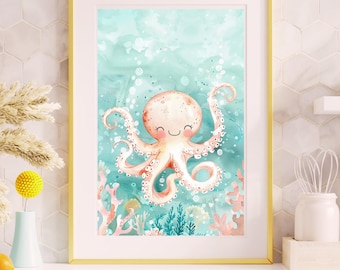 Watercolor Octopus Print, Ocean Nursery Coastal Art (Digital Download)