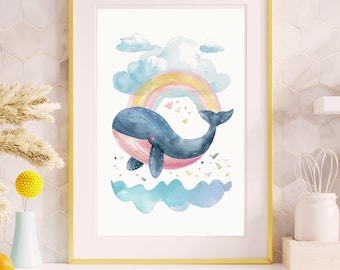Aquarel walvis kinderkamerkunst, kinderkamerdecoratie kust (digitale download)