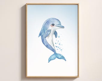 Aquarel dolfijnprint • Kunst oceaankwekerij (digitale download)