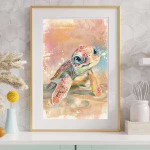 Watercolor baby turtle, printable wall art, ocean nursery decor, digital download kids art, sea animal print, pastel coastal art, turtle