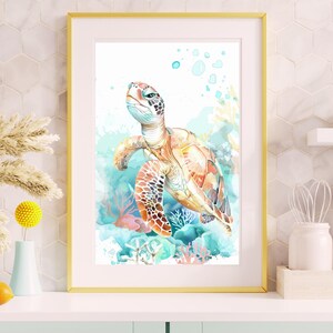 Watercolor cartoon turtle printable wall art, ocean nursery decor, Printable Art Kids’ Room Decor, sea animal print, pastel coastal print