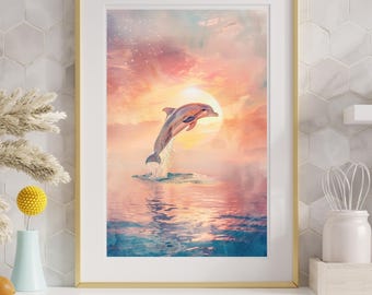 Aquarel dolfijnkwekerij print, pastel kustkunst (digitale download)