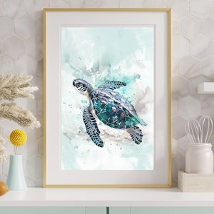 Watercolor turtle printable wall art, ocean nursery decor, digital download kids room art, sea animal print, pastel coastal art, wall art