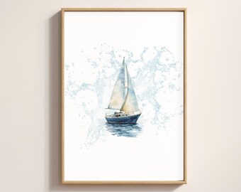 Lámina artística de velero en acuarela / Decoración náutica para habitación infantil (Descarga digital)