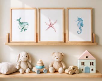 Watercolor Sea Animal Nursery Print Set, Under the Sea Decor (Digital Download)