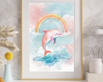 Aquarel dolfijnprint, pastelkleurige kustkwekerijkunst (digitale download)