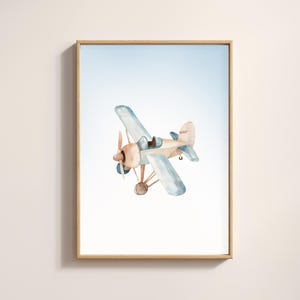 Vintage Airplane Wall Art | Watercolor Nursery Print | Blue and Beige Airplane Poster | kids Room Decor | Digital Download Printable art