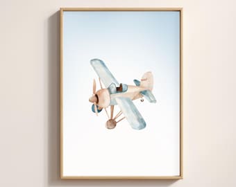 Vintage Biplane Watercolor Print | Blue Airplane Nursery Art (Digital Download)