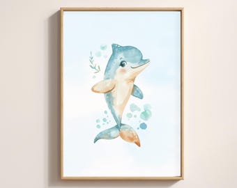 Aquarel dolfijnprint • Kunst oceaankwekerij (digitale download)