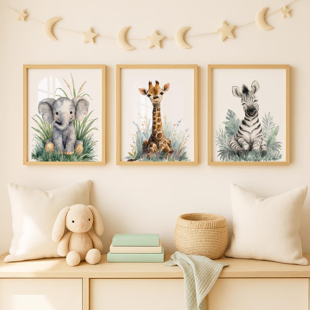Safari Animal Nursery Prints: Baby Elephant, Giraffe, Zebra (digital ...