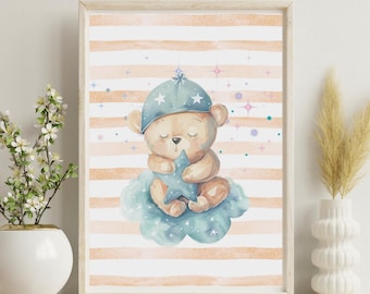 Poster Druck verschlafen Bär | Neutral Pastell Wolken Kunst (Digitaler Download)