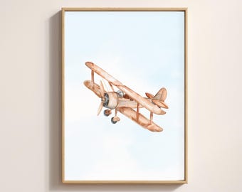 Watercolor Airplane Nursery Print | Vintage Biplane Kids Room (Digital Download)