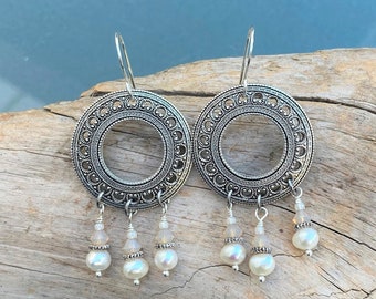 Vintage inspired freshwater pearl and crystal earrings - Chai Latte